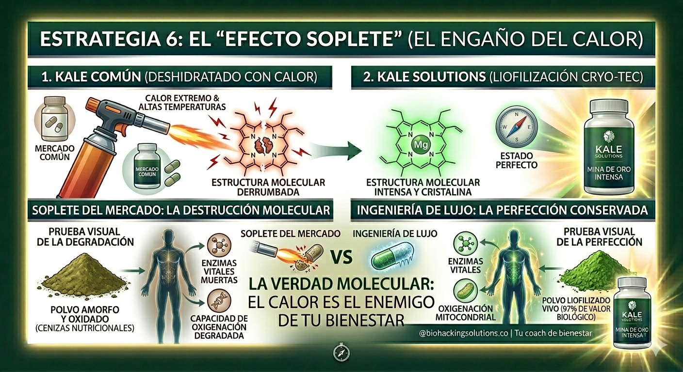 Infografía KALE LIOFILIZADO Cryo-Tec vs kale común: la verdad molecular sobre el calor y los nutrientes
