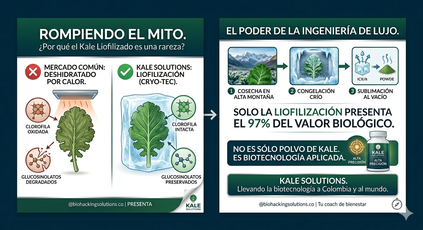 Infografía KALE LIOFILIZADO vs kale común: el engaño del calor y la solución Cryo-Tec