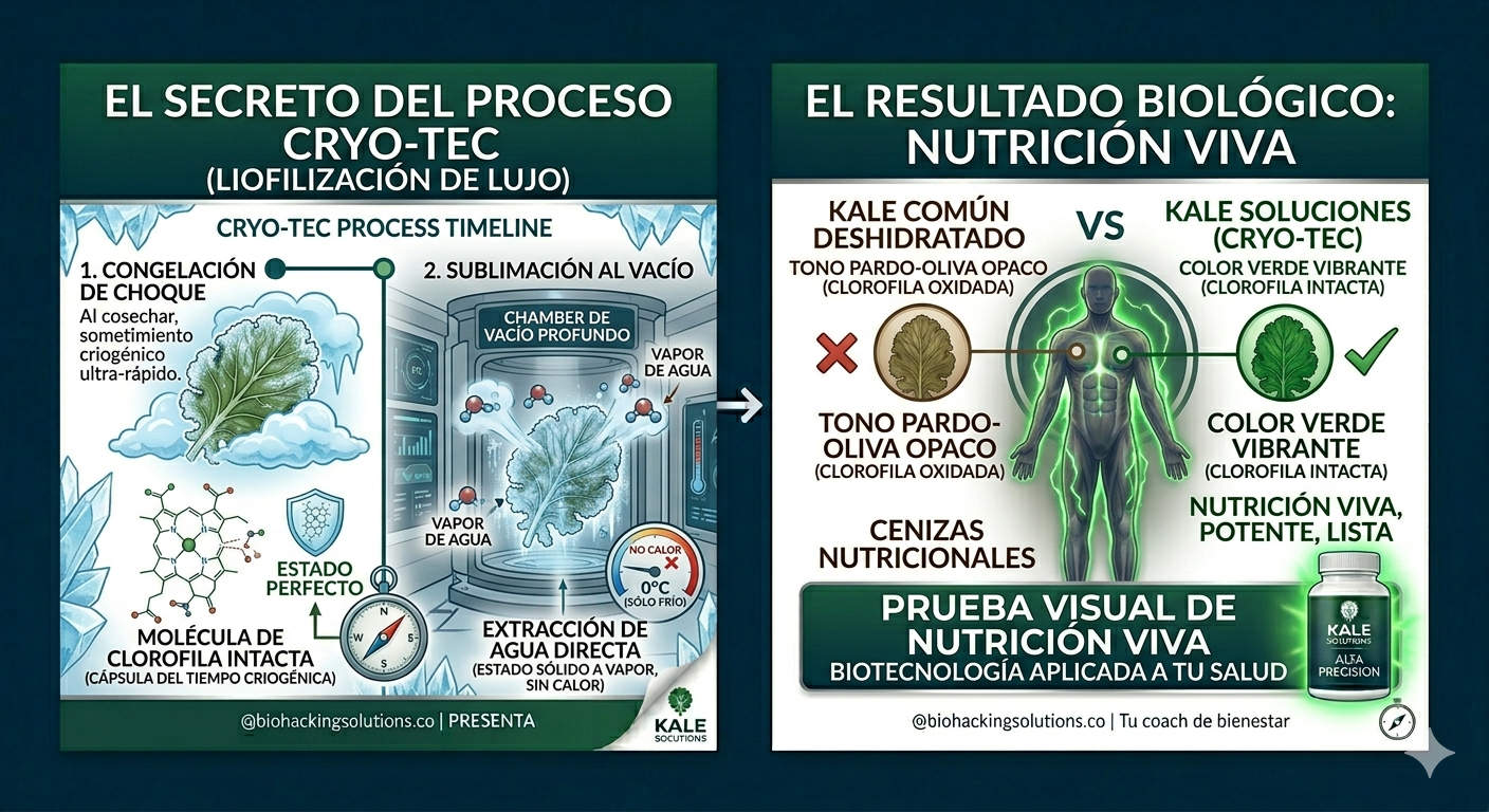 Infografía clorofila del KALE LIOFILIZADO: oxigenación mitocondrial y detox celular