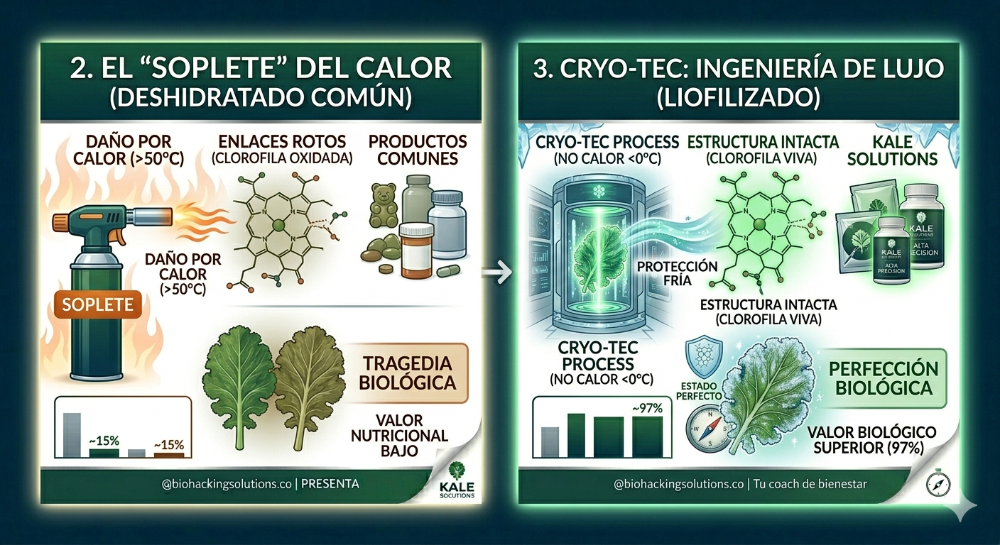 Infografía Efecto Soplete: destrucción molecular del kale común vs KALE LIOFILIZADO Cryo-Tec