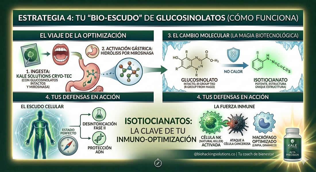 Infografía glucosinolatos del KALE LIOFILIZADO: mecanismo de activación y beneficios biológicos
